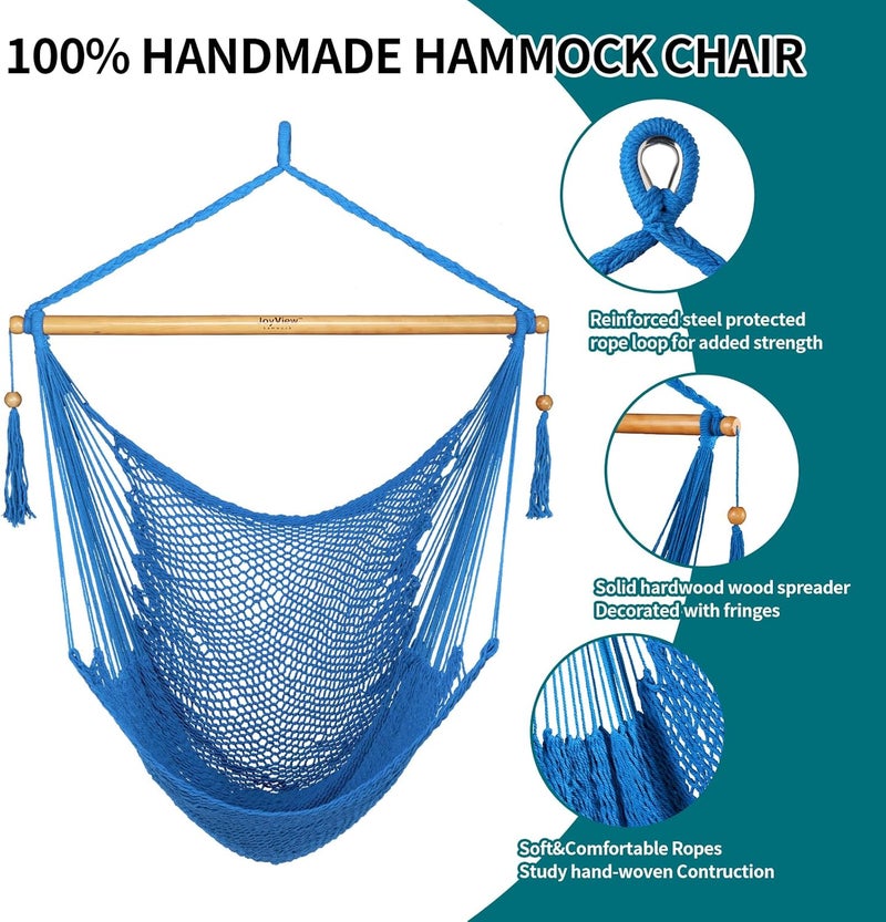 JoyView Hammock Chair with Spreader Bar Caribbean Hammock Swing Chair 300 LBS Weight Capacity XL Rope Hanging Chair for Outdoor Indoor Garden Yard - Light Blue - Image 5
